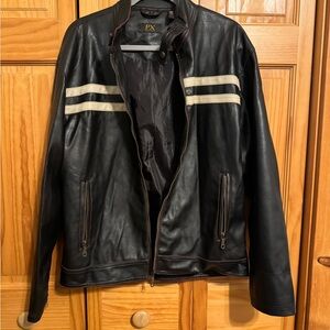 PX Black Leather Bomber Jacket with Cream Stripes
